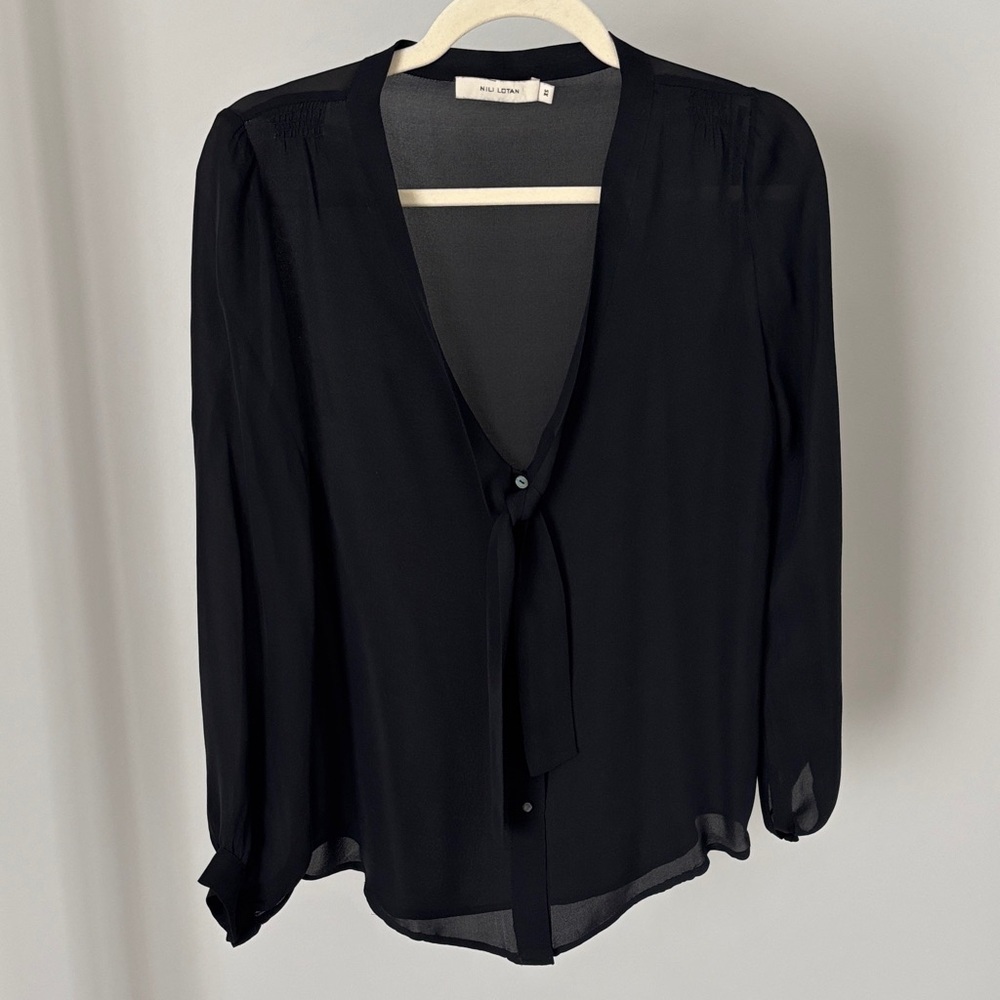 Nili Lotan black silk v-neck button down tie neck long sleeve blouse sz XS